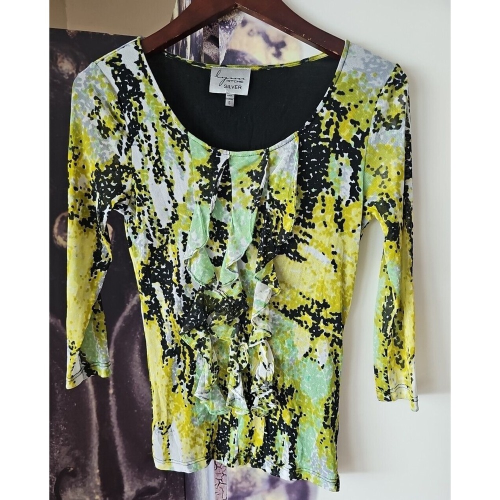 LYNN RITCHIE SILVER Ruffle Front Multicolor Patterned 3/4 Length Sleeve Top S - Picture 2 of 8